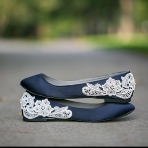 Navy Satin Ballet Flats with Ivory Lace Appliqué